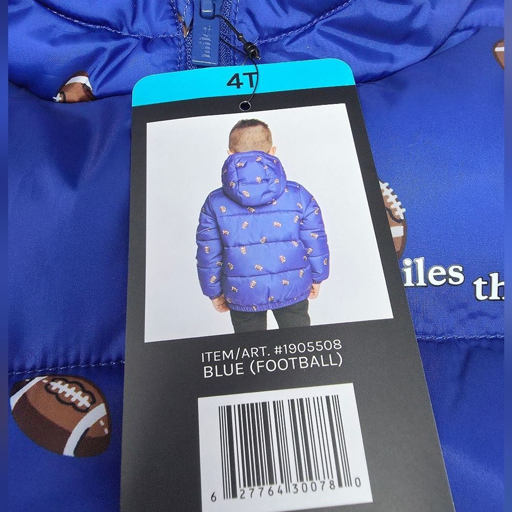 Miles The Label Boys Hooded Puffer Jacket Football Print Blue Size 4T - Picture 14 of 14